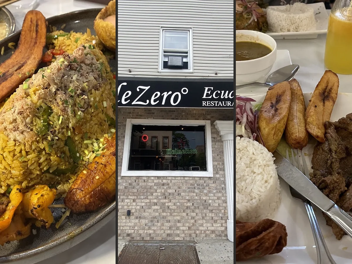 Colorful restaurant dishes with rice and seafood.