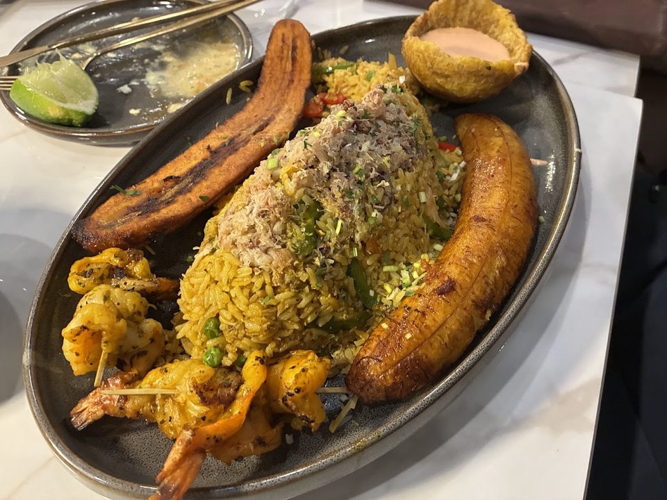 Mixed Ecuadorian dishes served for sharing.