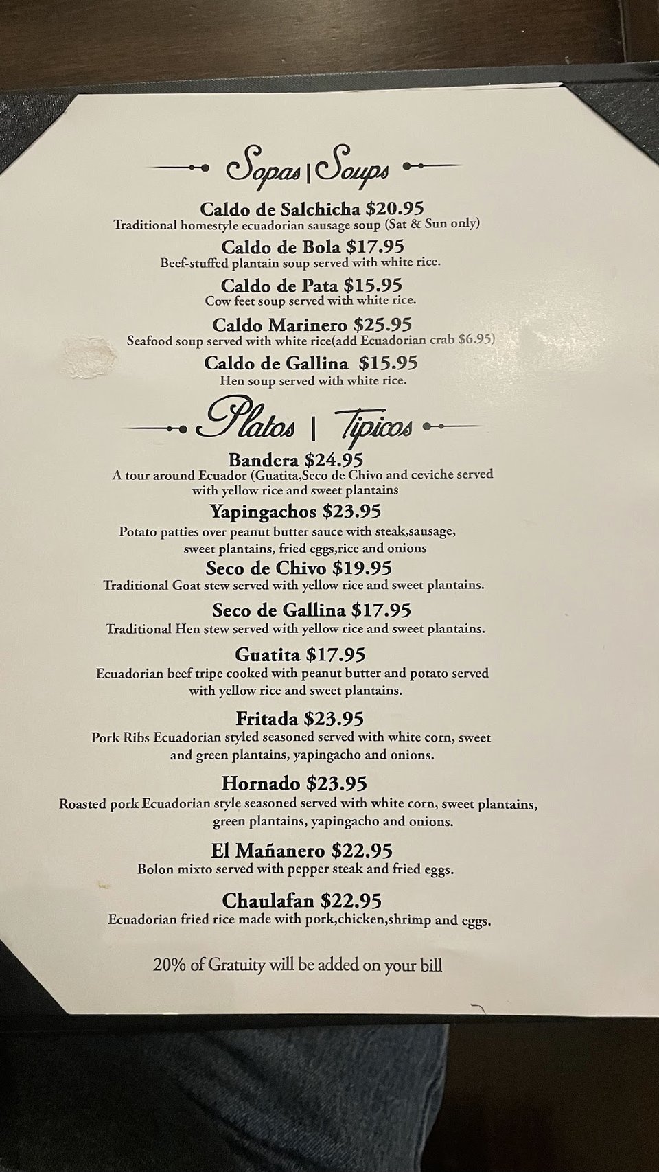 Ecuadorian menu page with many categories.