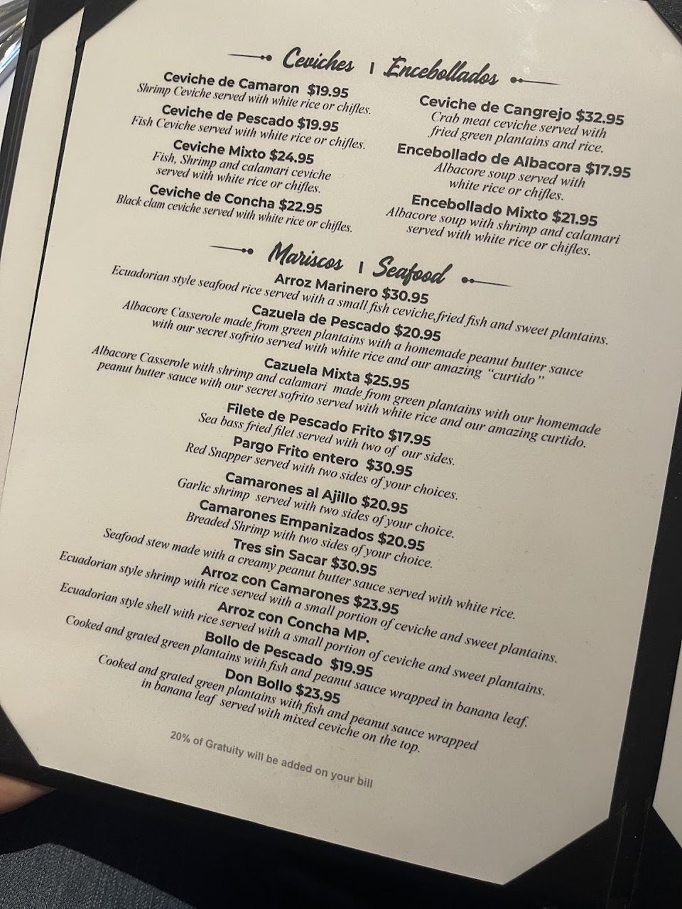 Restaurant menu with appetizers and platters.